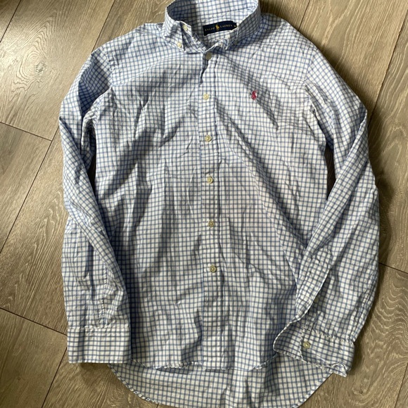 Ralph Lauren Light Blue Checkered Shirt with pink polo logo - Picture 1 of 3